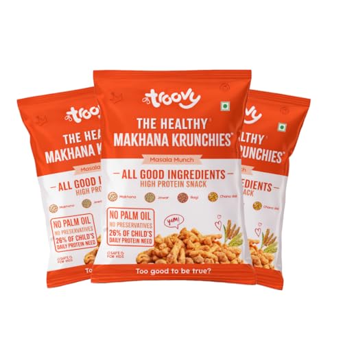 Troovy Makhana Krunchies (Pack of 3)| Natural Ingredients, Made with Makhana, Jowar, Chana Dal, Soy Protein, Ragi & Quinoa | Baked Snacks | 70gm x 3
