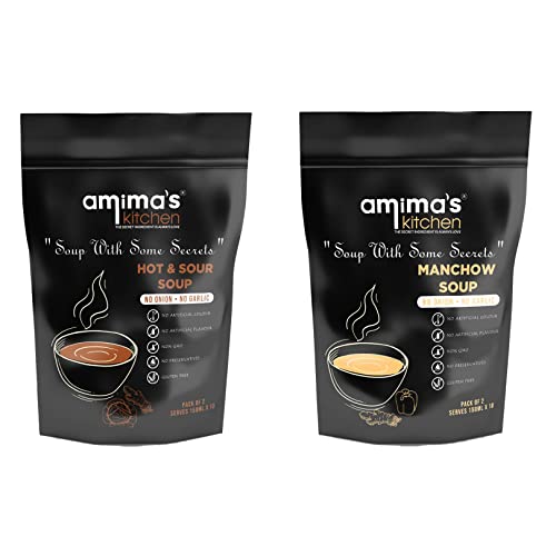 Amima's Kitchen Combo Of Hot & Sour + Manchow Jain Soup (No Onion No Garlic) - 100 Grams (Pack of 2) | Instant Soup Mix Powder | Ready To Cook | No Artificial Flavour & Colour | Gluten Free | Non GMO | Healthy Soup