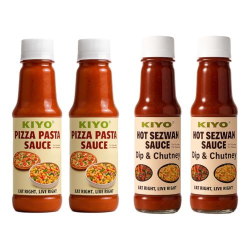 KIYO Combo Pack Of Pizza Pasta Sauce (Pack of 2) And Hot Shezwan Sauce (Pack of 2) || No Onion No Garlic || Hot And Spicy Sauces || No Artificial Colours & Flavours Added || 210 gm Each (Pack Of 4)