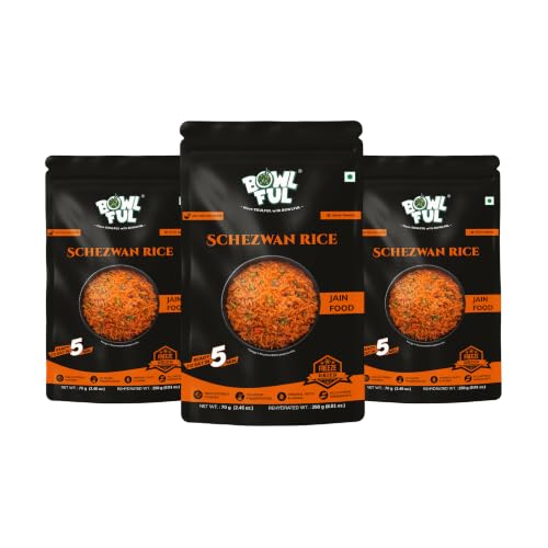 Bowlful Jain Schezwan Rice | Ready-to-Eat Meal | No Onion No Garlic | Spicy Indo-Chinese Rice | Natural Ingredients | 70g Net Weight (250g After Rehydration) | Pack of 3 | No Added Preservatives & Colours | Microwaveable