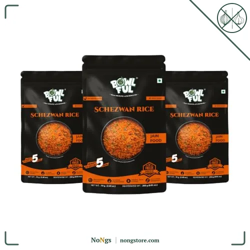 Bowlful Jain Schezwan Rice | Ready-to-Eat Meal | No Onion No Garlic | Spicy Indo-Chinese Rice | Natural Ingredients | 70g Net Weight (250g After Rehydration) | Pack of 3 | No Added Preservatives & Colours | Microwaveable