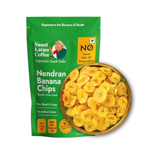 Sweet Karam Coffee Nendran Banana Chips – 200 grams | Made with 100% Coconut Oil | No Preservatives | Kerala Special Crispy, Thin Sliced Yellow Plantain Wafers | Healthy Tea Time Snack