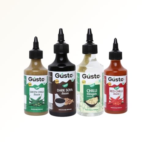 Gusto Foods Chinese Sauces Combo | Red Chilli Sauce 200gm + Green Chilli 190gm + Soya Sauce 210gm + Chilli Vinegar 170ml | Asian Sauces Combo | Ideal for Fried Rice, Noodles, Paneer & Vegetables | Ready to use