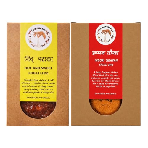 Do Chutki Indori Swad Combo | Nimbu Pataka Hot Sweet Chilli Lime Chutney 200g + Chhappan Teekha Indori Jiravan Masala Powder 100g | No Onion No Garlic | No Preservatives | Pack of 2