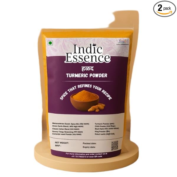 Indic Essence Pure Turmeric Powder (Halad) - 250g And No Onion No Garlic Combo | Chilli Powder, Coriander Seed Powder & Turmeric (100g Each) | PACK OF 2