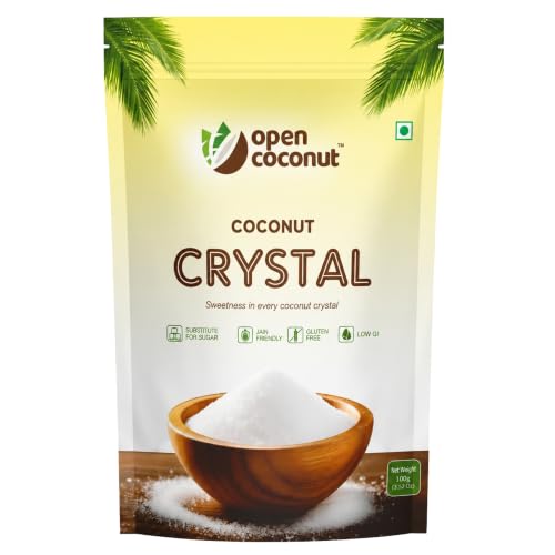 Open Coconut CRYSTAL 100g x 1 Pack - Jain Friendly | Natural Sugar Sweetener Substitute | Low Glycemic Index | Gluten, Sugar, Preservative Guilt Free | Perfect for Cake, Baking, Hot Chocolate, Milkshakes & More