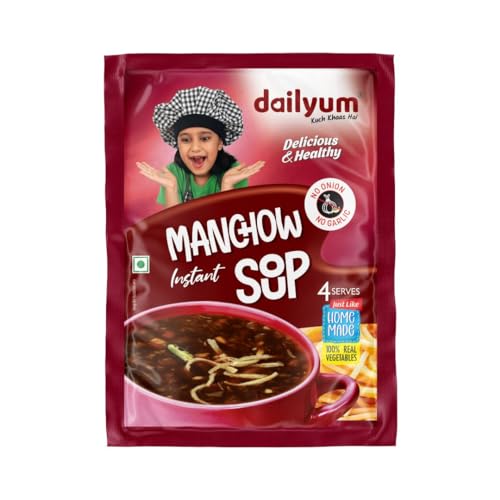 Dailyum Instant Manchow Soup 50g | No Onion No Garlic | Ready To Eat Instant Soup |100% Natural | No MSG | Gluten-free | Serves 4 | Jain | Pack of 5