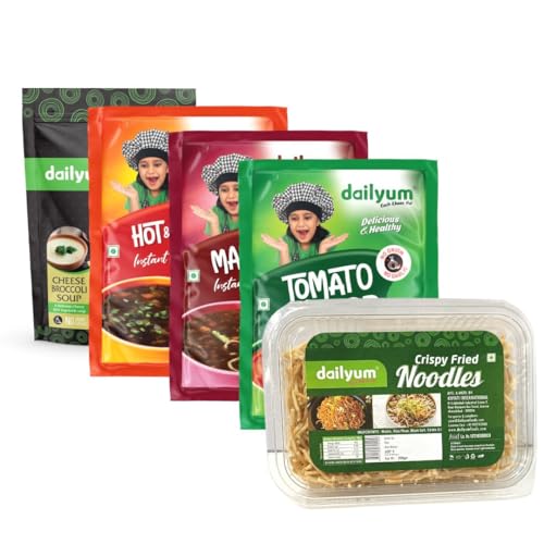 Dailyum Instant Soup Combo of 5| No Onion No Garlic | Hot & Sour Soup 50g | Tomato Soup 50g | Manchow Soup 50g | Cheese Broccoli 50g | Crispy Fried Noodles 200 Gram| Jain