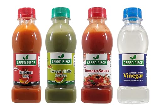 Green Piece Jain Sauce/Catchup Combo Without Onion/garlic/Potato Tomato Sauce (200gm),Green Chilli Sauce (200gm) and Red Chilli Sauce (200gm) and Vinegar (200gm) (Pack of 4) (800 g)