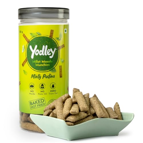Yodley Millet Masala Munchies - Minty Pudina Flavour | Baked, Not Fried | No Maida, No Palm Oil | Zero Cholesterol | Zero Trans Fat & High In Fiber | Calcium & Iron Rich | Healthy Indian Snack - 150gm