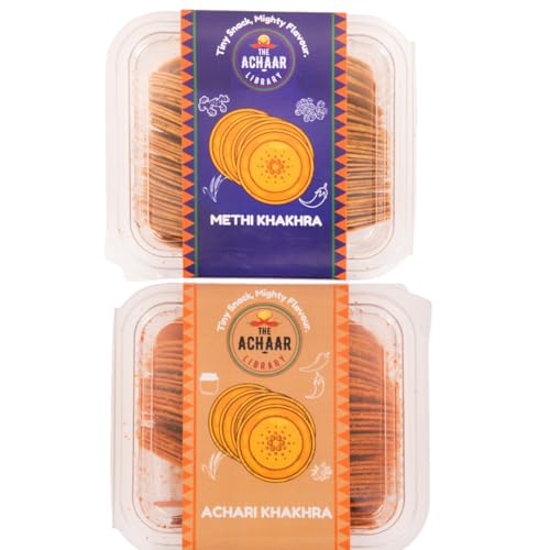 Methi & Achari Mini Khakhra Combo Pack Of 2 by THE ACHAAR LIBRARY | Whole Wheat Crisps | Bite-Sized | (180 grams each, Pack of 2)