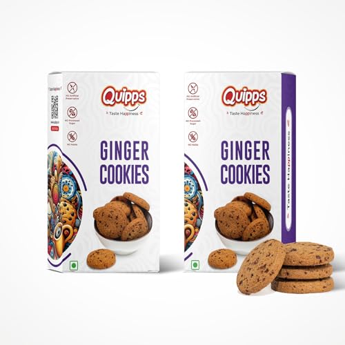 Quipps Premium Ginger Cookies | Pack of 2 (200g Each) | Healthy Biscuits with Real Ginger, Jaggery & White Butter | No Maida, No White Sugar, No Preservativess | All Natural Ingredients & Crunchy Biscuits | Freshly Baked Snacks for Tea, Breakfast & Gifting