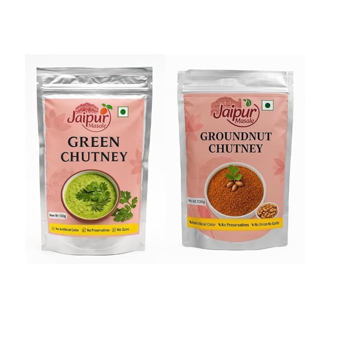 Jaipur Masale Green & Groundnut Chutney Combo | 100% Natural | Ready-to-Eat | No Onion, No Garlic | South Indian Style Chutney for Idli, Dosa, Snacks | 100g Each | Pack of 2