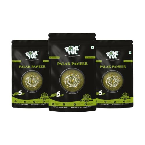 BowlFul Palak Paneer, 50 GMS, Creamy Spinach Based Gravy with Cottage Cheese and No Onion or Garlic | Pure Natural, Freeze Dried Food (Pack of 3)