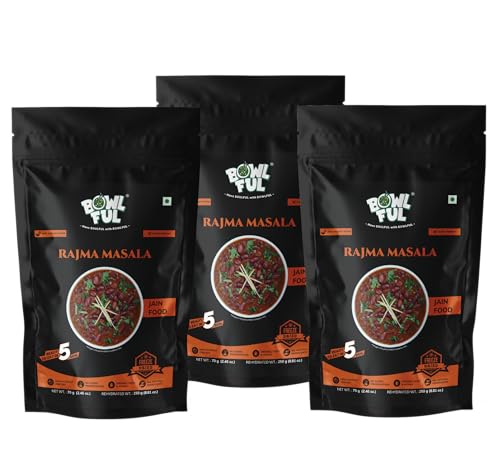 Bowlful Jain Rajma Masala | No Onion No Garlic Kidney Beans Curry | Homestyle Spiced Gravy | Instant Ready Meal | 62g Net Weight (252g After Rehydration) | Pack of 3 | No Added Preservatives & Colours | Microwaveable
