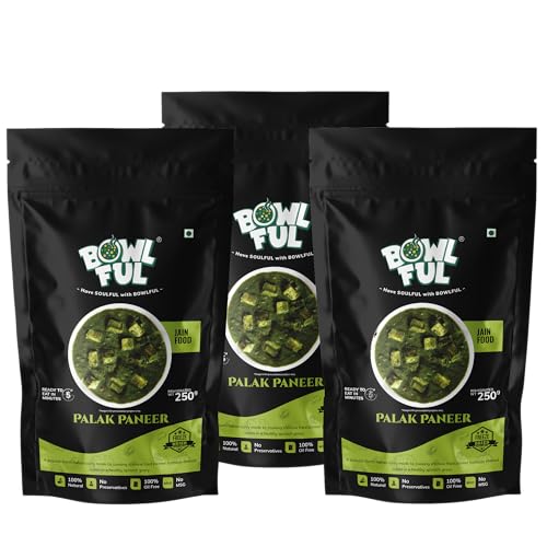 BowlFul Jain Palak Paneer, 50 GMS, Creamy Spinach Based Gravy with Cottage Cheese and No Onion or Garlic. Pure Natural, Freeze Dried Food (Pack of 3)