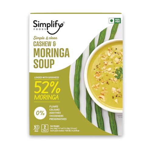Simplify Foods Cashew & Moringa Instant Soup | Pack of 2 Single-Serve Sachets (Each Makes ~125 ml) | Made with 52% Real Moringa Pulp | Just Add Hot Water | Travel-Friendly | Clean Label | 0% Additives or Preservatives