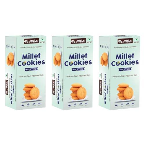 ME & MILLETS Cookies - Ragi Twist (Pack of 3, Each 75g) - Delicious Millets Biscuits, Rich In Protein & Fiber, Healthy Tea Snack (Jain Friendly)