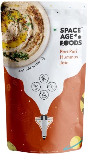 Space Age Foods | Jain Friendly - Peri Peri Hummus Powder | Instant Healthy Dip Mix | Pack of 1 Makes 250g Creamy Hummus (75g Dry) | 3-4 Servings | High Protein & Vegan Friendly | No Preservatives, Additives, Colours or Fillers | Authentic Mediterranean Flavour | Ready in 1 Minute – Just Add Water & Mix | Jain-Friendly Recipe (No Onion, No Garlic)