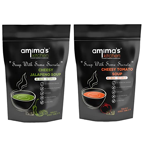 Amima's Kitchen Combo Of Cheesy Jalapeno + Cheesy Tomato Jain Soup (No Onion No Garlic) - 100 Grams (Pack of 2) | Instant Soup Mix Powder | Ready To Cook | No Artificial Flavour & Colour | Gluten Free | Non GMO | Healthy Soup