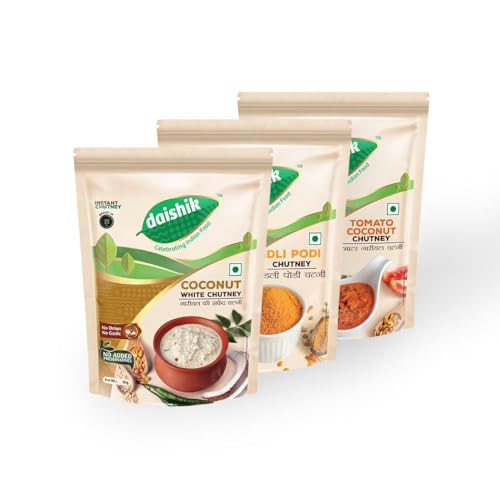 Daishik - Chutney Combo Pack (Pack of 3 – 80Gms each) – White Coconut Chutney | Tomato Coconut Chutney | Idli Podi | | Instant &Dry Chutney| Delicious & Ready-to-Eat | No Onion, No Garlic | No Preservatives or Additives|No Artificial Colors