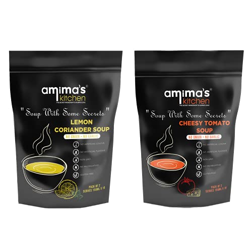 Amima's Kitchen Combo Of Lemon Coriander + Cheesy Tomato Jain Soup (No Onion No Garlic) - 100 Grams (Pack of 2) | Instant Soup Mix Powder | Ready To Cook | No Artificial Flavour & Colour | Gluten Free | Non GMO | Healthy Soup