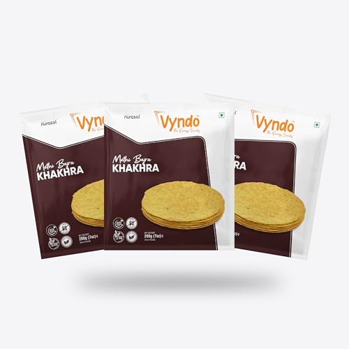 Vyndo Methi Bajra Khakhra Pack of 3 (200g Each) | Millet-Based, High Protein & Fiber | Gluten-Free, No Palm Oil | Anytime Snacks for Kids & Adults.