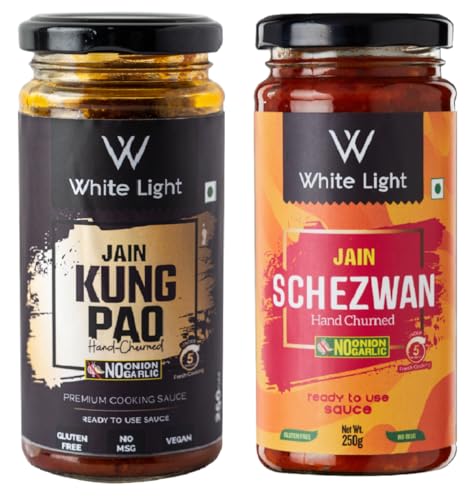 White Light Food Jain Schezwan Sauce and Jain Kung Pao Sauce l Vegan and Natural Ingredients l Ready to Eat Healthy Food (Combo Pack of 2, 250g Each)