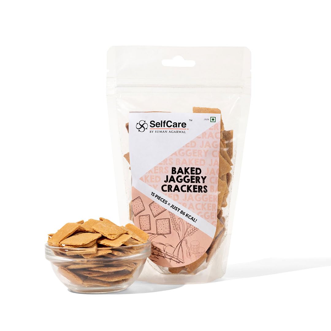 SelfCare By Suman Agarwal Baked Jaggery Crackers - 125g (Pack of 1) | Healthy | Sweet - Snacks - Namkeen - Grocery | Crunchy - Tea time Snacking | Travel & Jain Friendly | No Added Preservatives