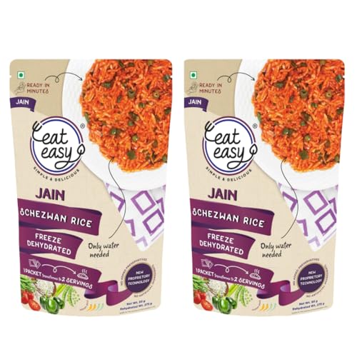 Eat Easy Ready to Eat Jain Schezwan Rice – 95g Each (Pack of 2) | No Garlic & Onion, No Moisture, Freeze Dehydrated, Instant Chinese Style Veg Rice for Quick Lunch, Dinner | No Preservatives | Just Add Hot Water