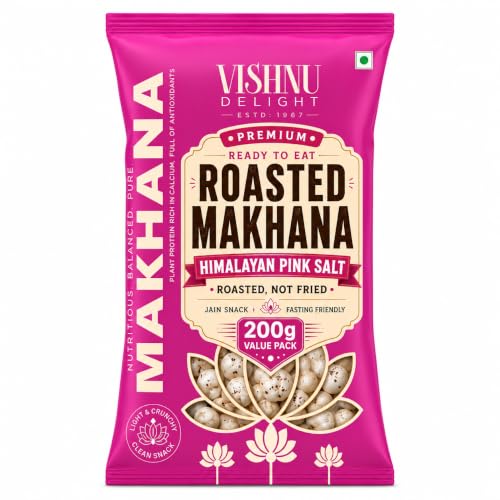Vishnu Delight Roasted Makhana, Himalayan Pink Salt | Light & Crunchy Roasted Foxnuts (Phool Makhana) | Roasted Not Fried, Jain Friendly, Ready To Eat Snack | 200gm (Pack of 1)