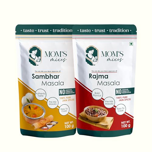 Mom’s Mixes Combo of 2 | Sambhar Masala + Rajma Masala | 100% Pure Jain Premix Spices | No Onion No Garlic | No Preservatives | No MSG | No Added Colours | 200g