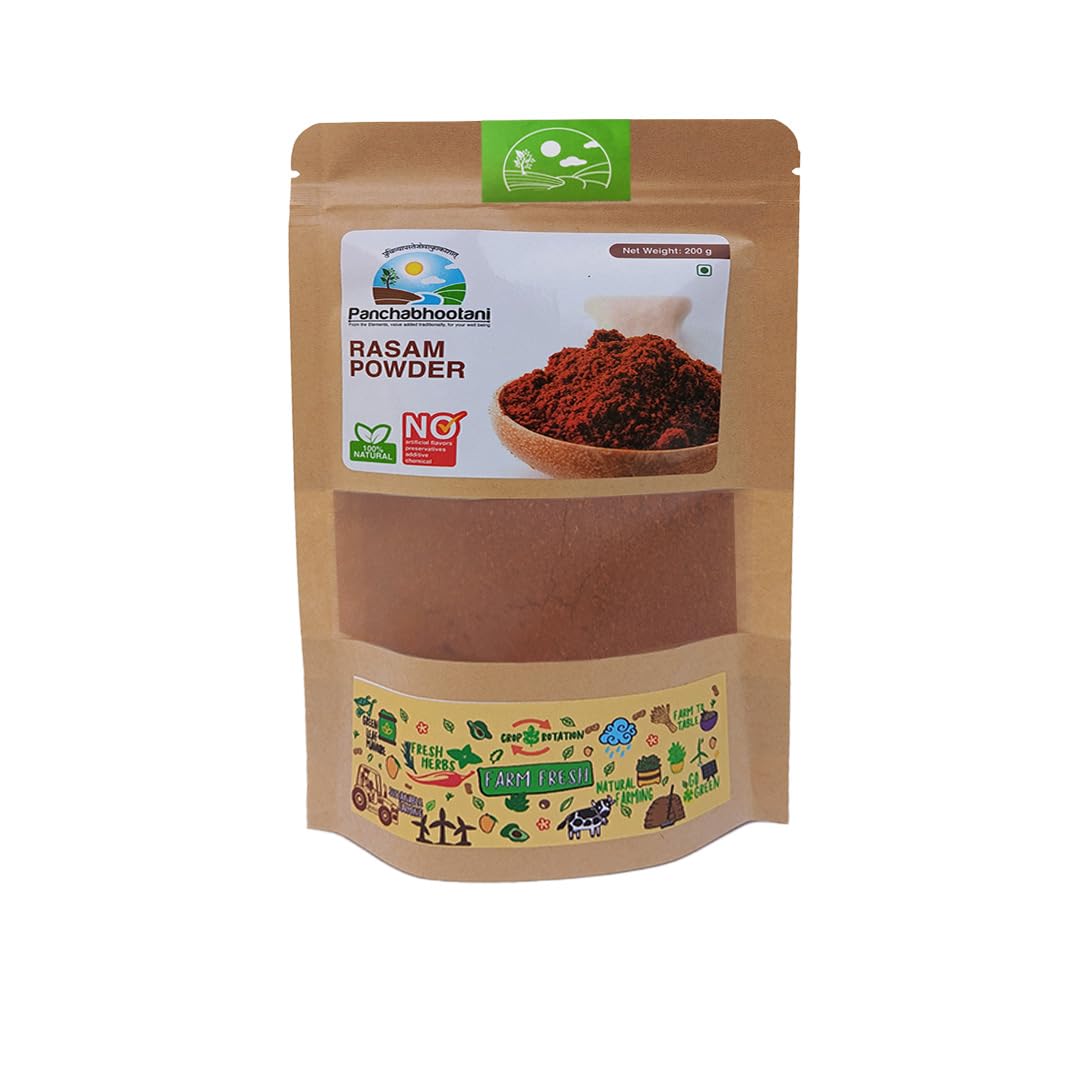 Panchabhootani Rasam Powder-200g | South Indian Authentic Flavour, Easy Digestion, Farm Fresh, Vegan Friendly, No Garlic, No Onion, 3 varieties of roasted dry red chilles, Rich Aroma, Mouth Watering