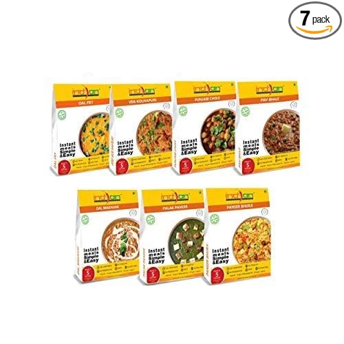 Indian Kitchen Foods Freeze Dried Gluten-Free Ready to Eat Jain Curry Combo- Chole, Dal Fry, Dal Makhani, Paneer Burji, Pav Bhaji, Veg. Kolhapuri, Palak Paneer, Pack of 7