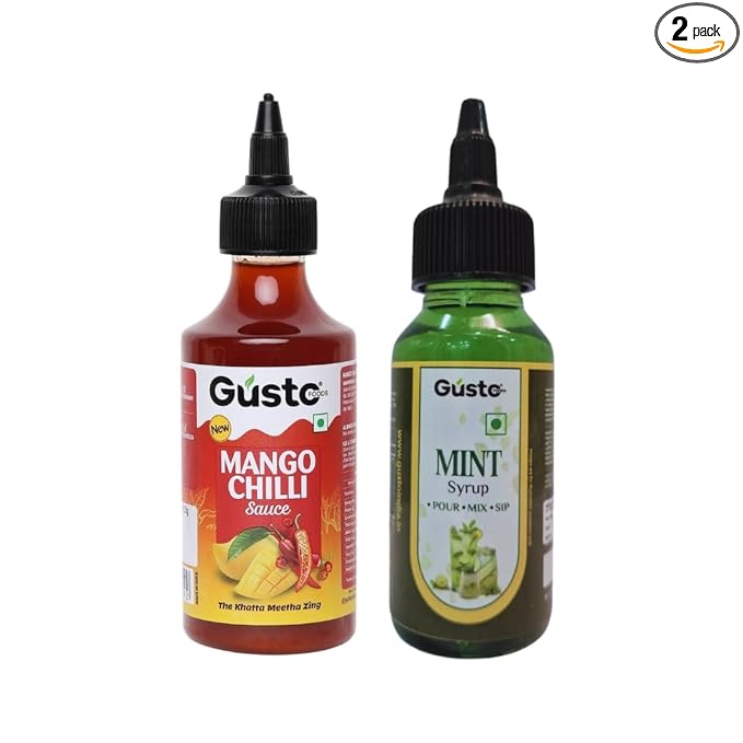Gusto Foods Mango Chilli Mint Delight (Mango Chili + Mint Syrup) | Salad Dressing, Dipping Sauce & Seasoning | For Iced Teas, Mocktails, Cocktails Drinks, Juices | Refreshing Flavour Concentrate