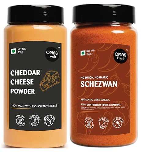 Omas Fresh No Onion No Garlic Schezwan Seasoning & Cheddar Cheese Powder | 250g × 2 Combo Pack | Spicy & Cheesy Flavour Duo for Pasta & Everyday Cooking