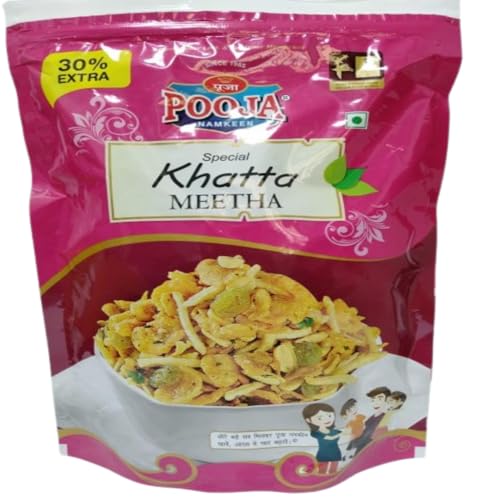 POOJA Khatta Meetha Namkeen Mixture – Roasted Indian Snack | No Onion No Garlic | Crispy & Healthy | Sweet & Tangy Flavor | Vegetarian | Pack of 2 (360g Each)