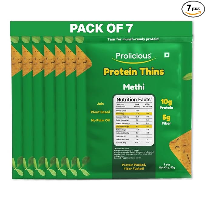 Prolicious Thins Methi High Protein Chips | Upgrade Your Snacking | 10g Protein + 5g Fibre | Same Crunch, Snack Smarter | Plant Based, Jain | No Palm Oil | 50g, Pack of 7