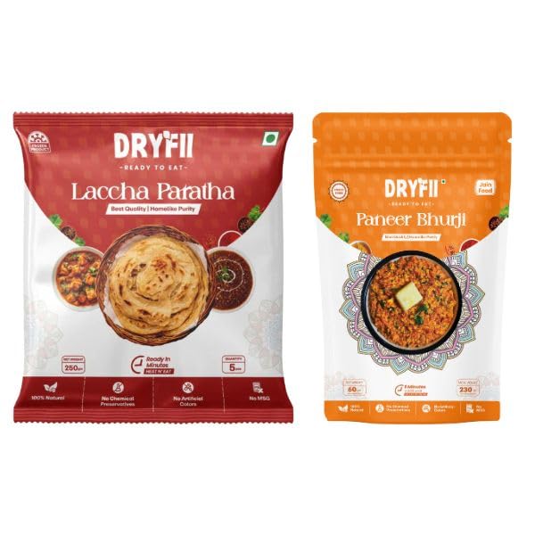 Dryfii Ready to Eat Laccha Paratha (5 Pieces, 1 Pack) & Jain Paneer Bhurji Combo | Freeze Dried | Rich Protein Meal | Travel Friendly