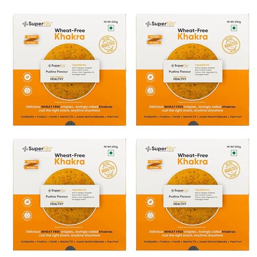 Superfills Wheat-Free (Gluten Free) Flavour Khakra Ready to Eat | 100% Natural Ingredient |Gujarati Healthy Snack | Wheat -Free | No Garlic & No Onion | (Khakhra-pudina_200gm, Pack of 4)