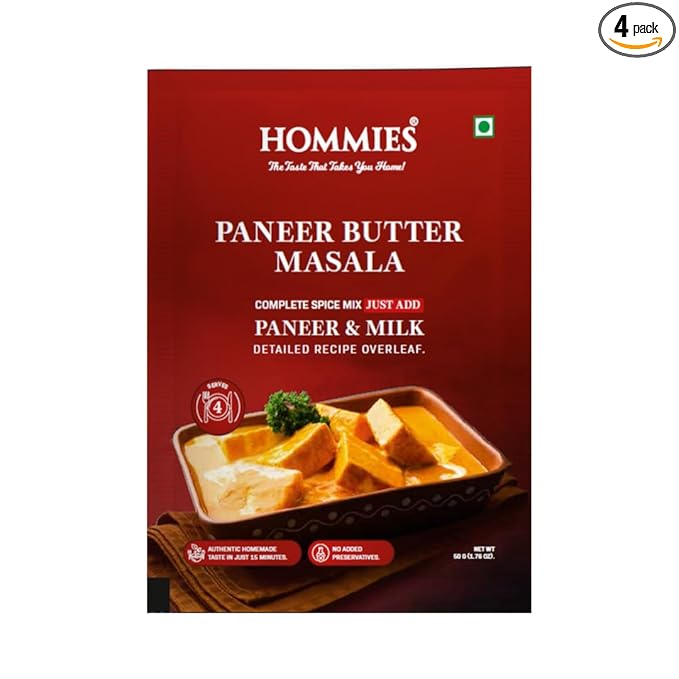 Hommies Dhaba Style Paneer Butter Masala Curry Spice Mix (Pack of 4) | Ready to Cook in 15 mins | Just Add Paneer and Milk | Shahi Paneer Butter Masala Spice Mix | Serves 4 | Made with Cashew Nuts | No Preservatives | 200 gm (50 gm each)