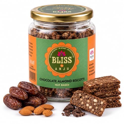 Bliss by Anju Chocolate Almond Biscotti 200g | Contains 38g Protein Per Pack | Activated Almonds & Premium Cocoa | Baked, Gluten-Free | Rich in Fibre & Healthy Fats | Wholesome Crunchy Snack