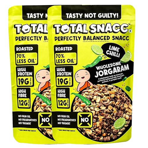 TOTAL SNACC Wholesome Jorgaram Lime Chilli (125g x 2) | High Protein 19g | High Fibre 12g | Roasted Not Fried | 70% Less Oil | No Palm Oil | High Protein Snacks | Baked Namkeen Mix | Healthy Snacks | No Preservatives | Diabetic Friendly | a mix of chana jor, moong jor, peanuts, & pumpkin seeds