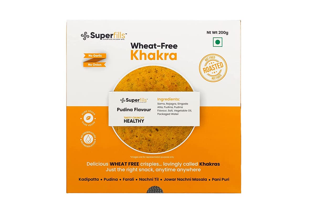 Superfills Wheat-Free (Gluten Free) Pudina Khakra - 200gm | Diet Snack for Weight Loss | High in Protein & Fiber | | Roasted | Gujarati Handmade | No Garlic & No Onion | (Pack of 1)