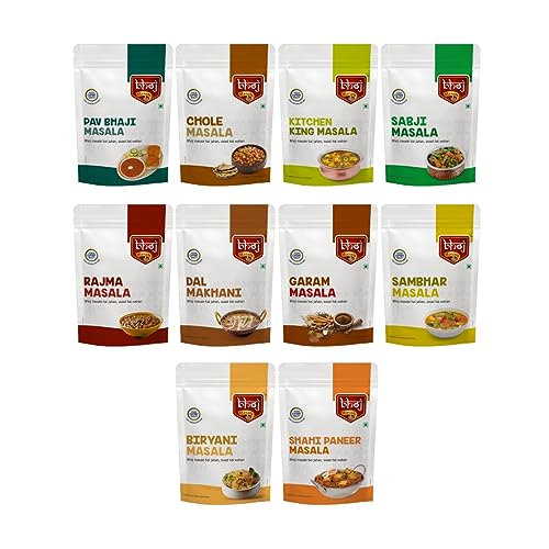 Bhoj Masale Pav bhaji, Chole, Kitchen King, Garam Masala, Sabji, Rajma, Dal Makhani, Sambhar, Biryani And Shahi Paneer Masala Powder Combo Pack 200GM Each Total 2 KG | Blended Range Masale For Kitchen. Contains No Onion No Garlic ( Jain Friendly)