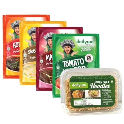 Dailyum Instant Soup Combo of 5 | No Onion No Garlic| Manchow, Sweet Corn, Tomato, Hot N Sour-soup 50g each |Crispy Fried Noodles 200g | Natural | No MSG | Jain