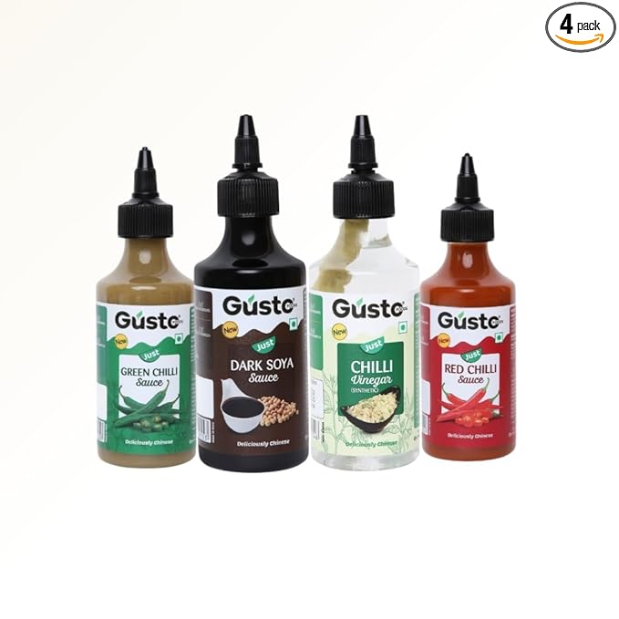 Gusto Foods Chinese Sauces Combo | Red Chilli Sauce 200gm + Green Chilli 190gm + Soya Sauce 210gm + Chilli Vinegar 170ml | Asian Sauces Combo | Ideal for Fried Rice, Noodles, Paneer & Vegetables | Ready to use