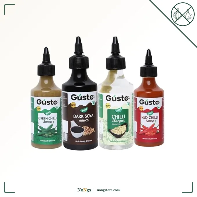 Gusto Foods Chinese Sauces Combo | Red Chilli Sauce 200gm + Green Chilli 190gm + Soya Sauce 210gm + Chilli Vinegar 170ml | Asian Sauces Combo | Ideal for Fried Rice, Noodles, Paneer & Vegetables | Ready to use