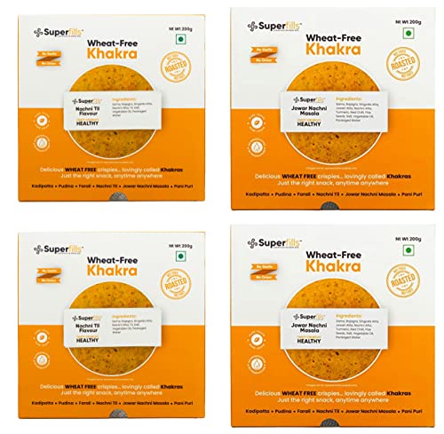 Superfills Wheat-Free (Gluten Free) Combo of 2 Nachni Till + 2 Jowar Nachni Flavour Khakra Healthy Gujarati Crispy Indian Snacks, Ready to Eat No Garlic & No Onion, 800G