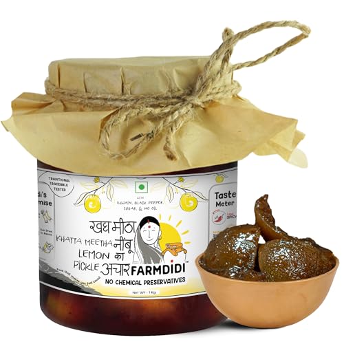 FarmDidi Lemon Pickle 1 Kg in Fresh | Indian Homemade Nimbu ka Achar with No Onion & Garlic | Sweet & Sour Oil-Free Pickle | Traditional Grandma-Style Recipe | Organically Processed